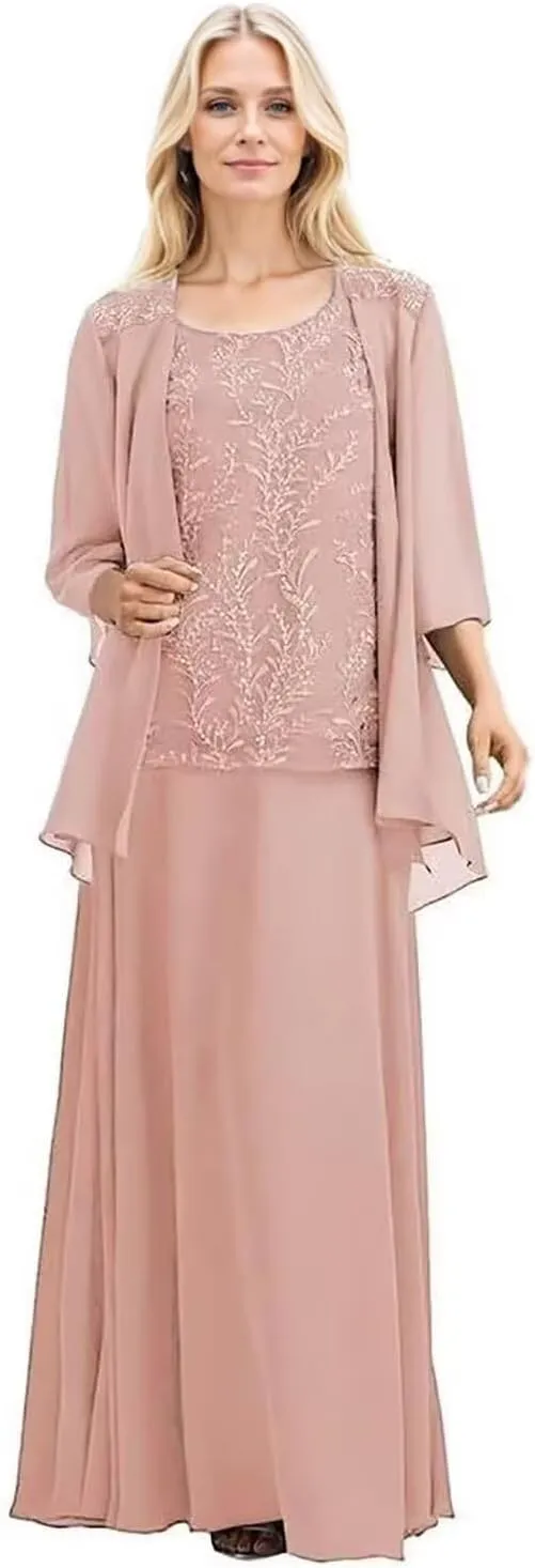 2 Piece Mother of The Bride Dresses with Jacket 3/4 Sleeve Long Formal Dress Chiffon Lace Evening Dresses for Women