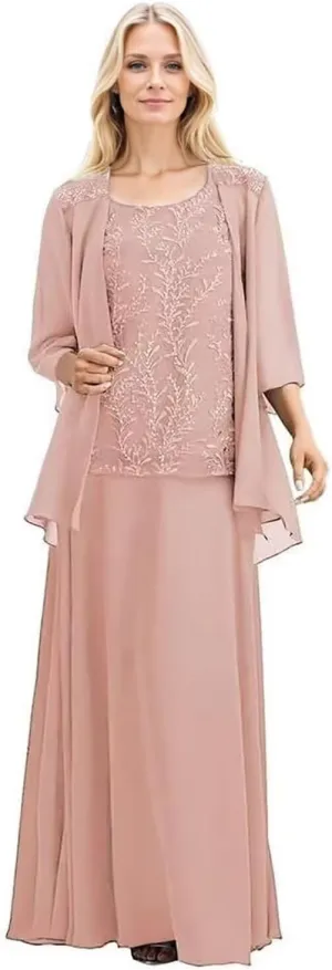 2 Piece Mother of The Bride Dresses with Jacket 3/4 Sleeve Long Formal Dress Chiffon Lace Evening Dresses for Women