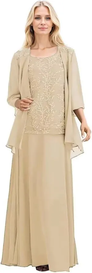 2 Piece Mother of The Bride Dresses with Jacket 3/4 Sleeve Long Formal Dress Chiffon Lace Evening Dresses for Women