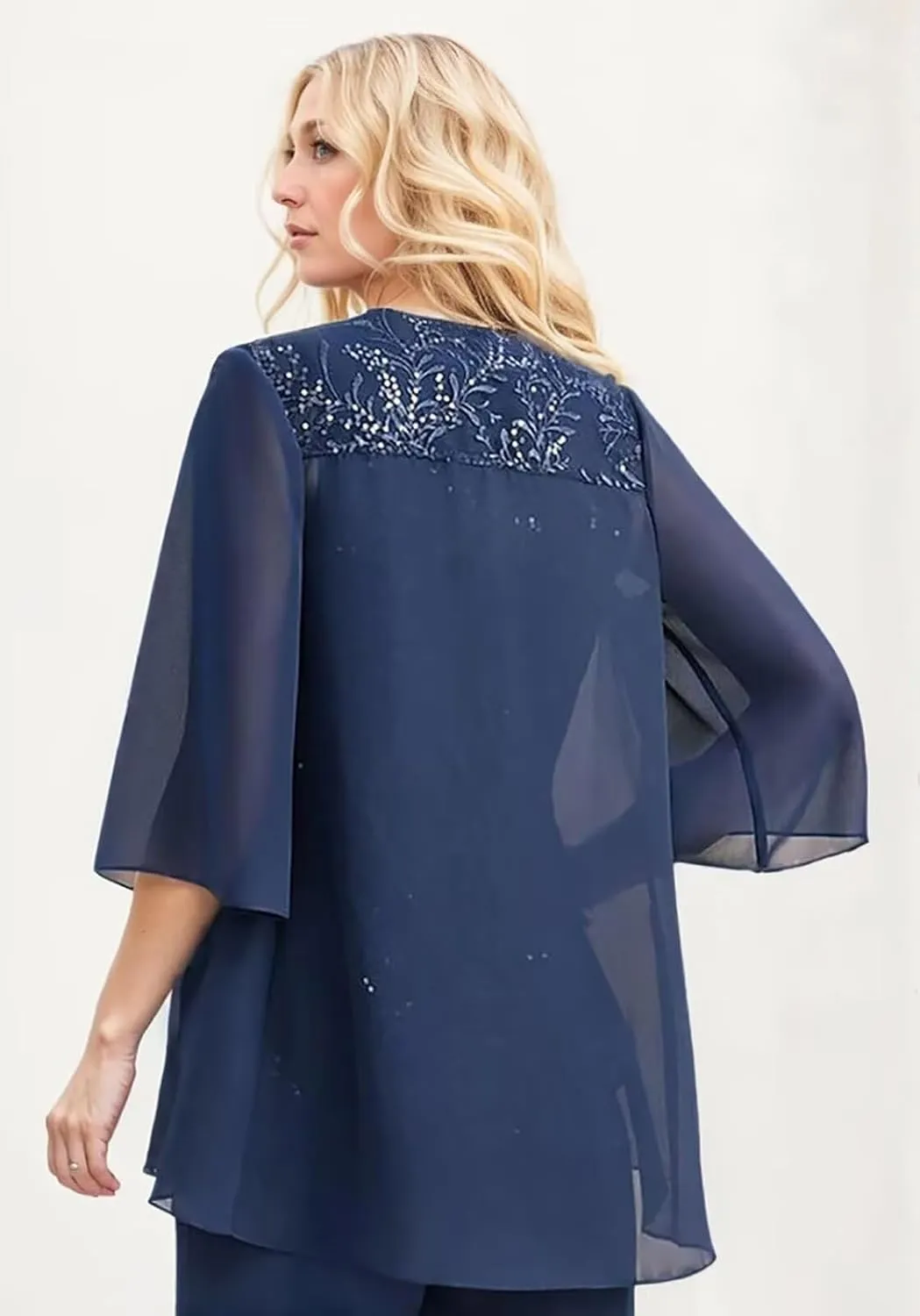 2 Piece Mother of The Bride Dresses with Jacket 3/4 Sleeve Long Formal Dress Chiffon Lace Evening Dresses for Women