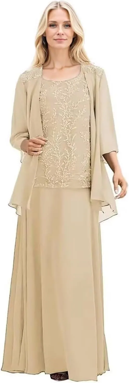 2 Piece Mother of The Bride Dresses with Jacket 3/4 Sleeve Long Formal Dress Chiffon Lace Evening Dresses for Women