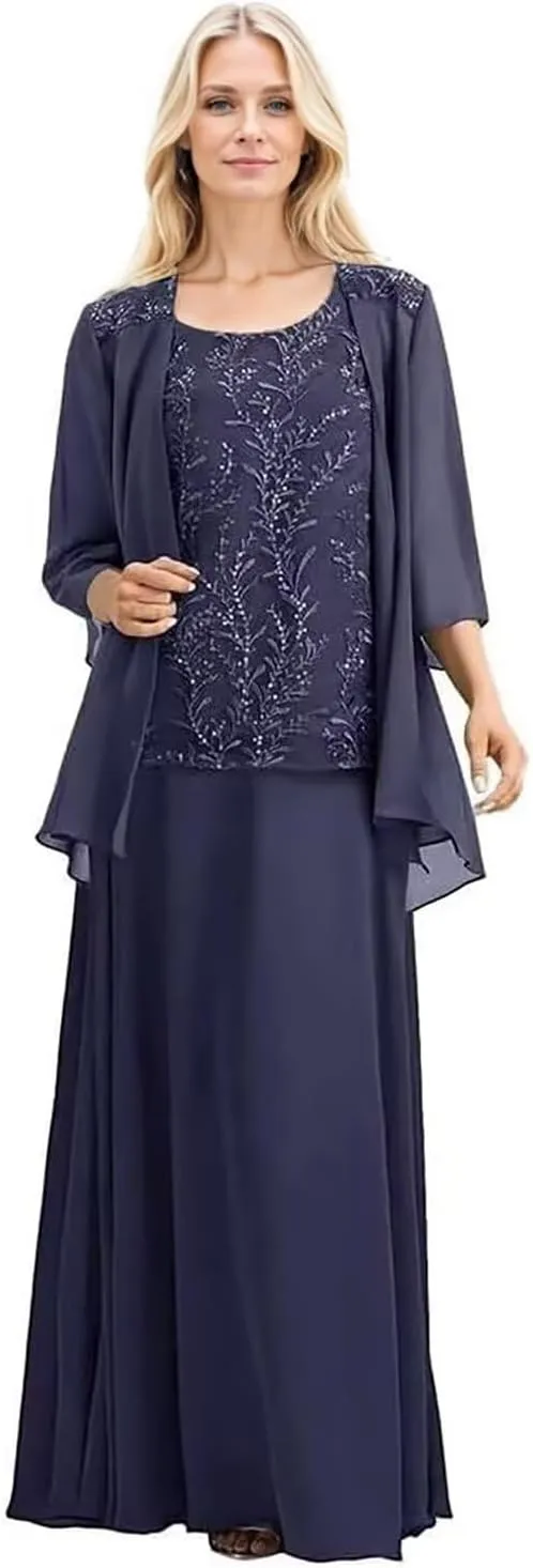 2 Piece Mother of The Bride Dresses with Jacket 3/4 Sleeve Long Formal Dress Chiffon Lace Evening Dresses for Women