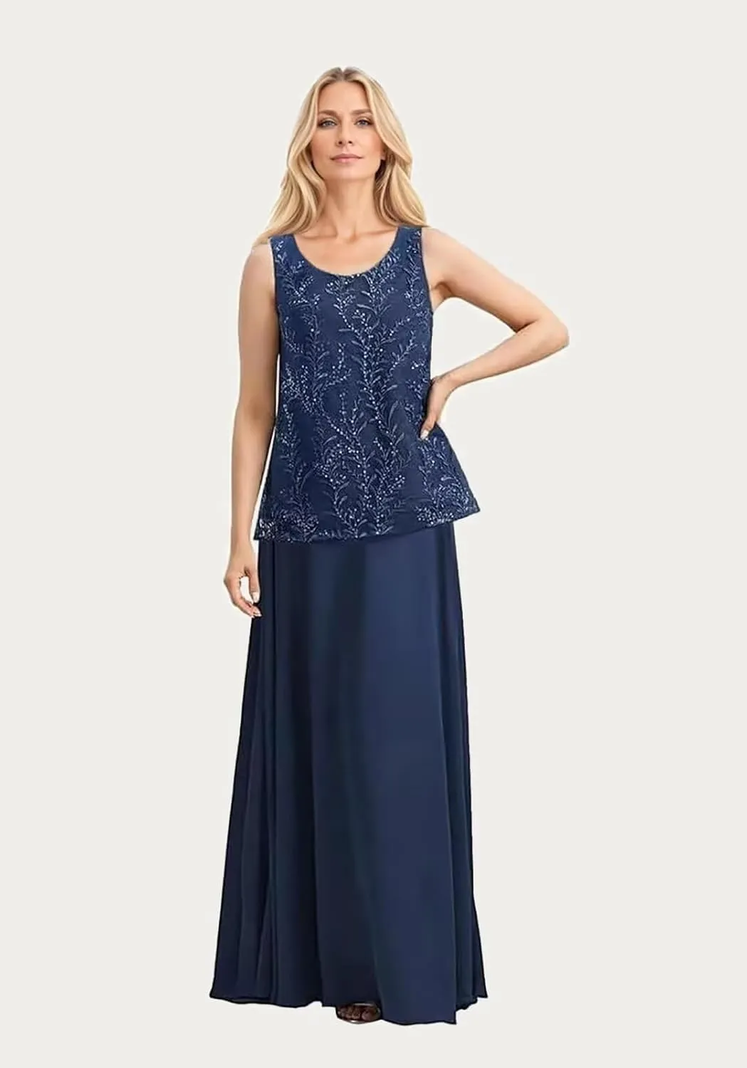 2 Piece Mother of The Bride Dresses with Jacket 3/4 Sleeve Long Formal Dress Chiffon Lace Evening Dresses for Women