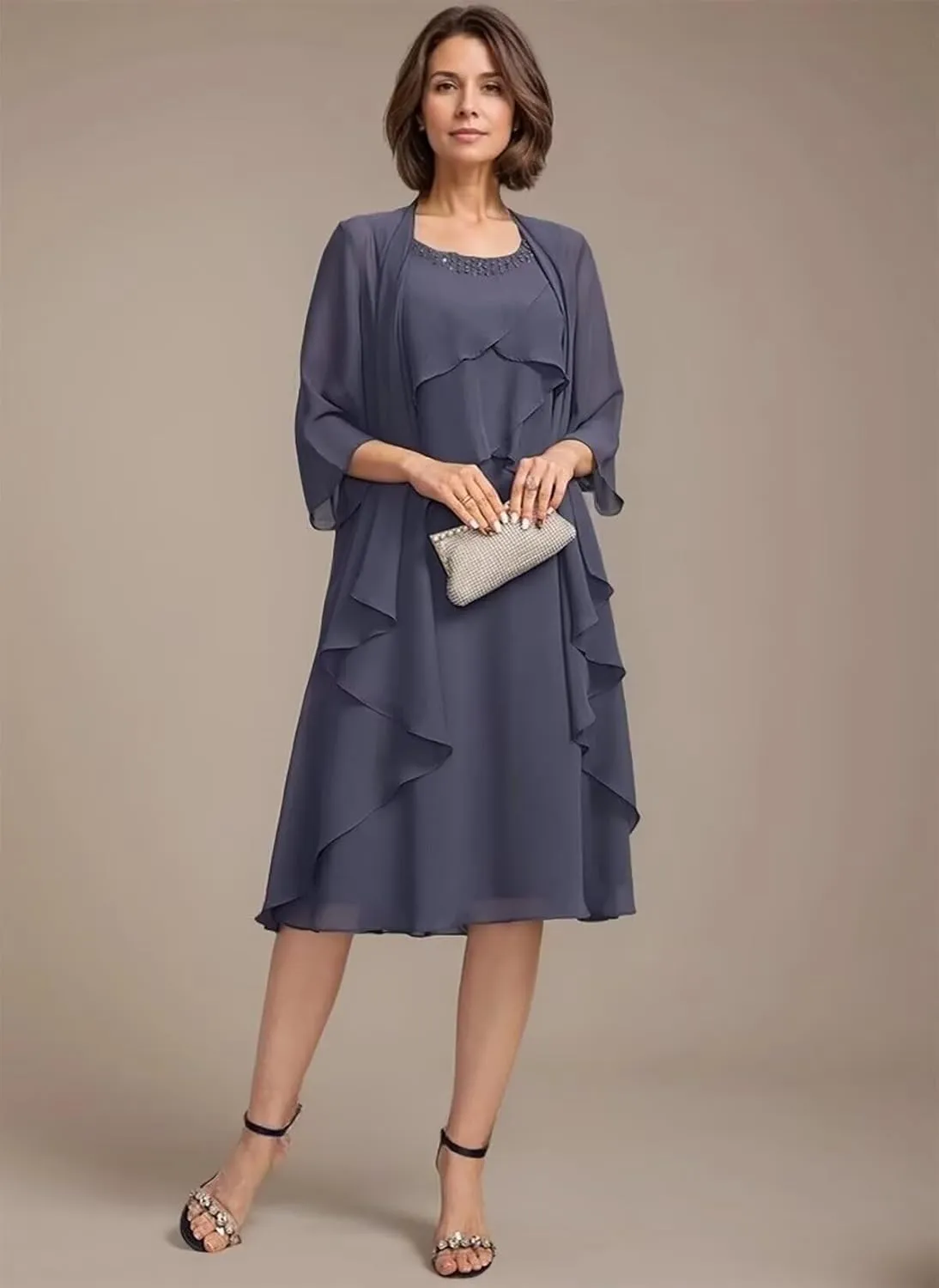 2 Pieces Mother of The Bride Dresses for Wedding Knee Length Tiered Beaded Chiffon Formal Evening Gowns with Jacket