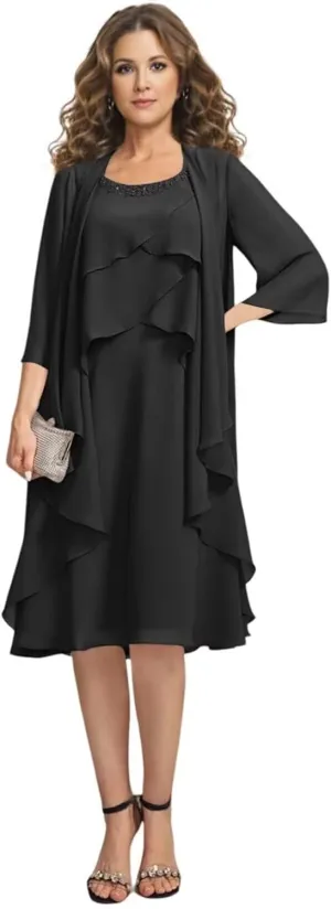 2 Pieces Mother of The Bride Dresses for Wedding Knee Length Tiered Beaded Chiffon Formal Evening Gowns with Jacket
