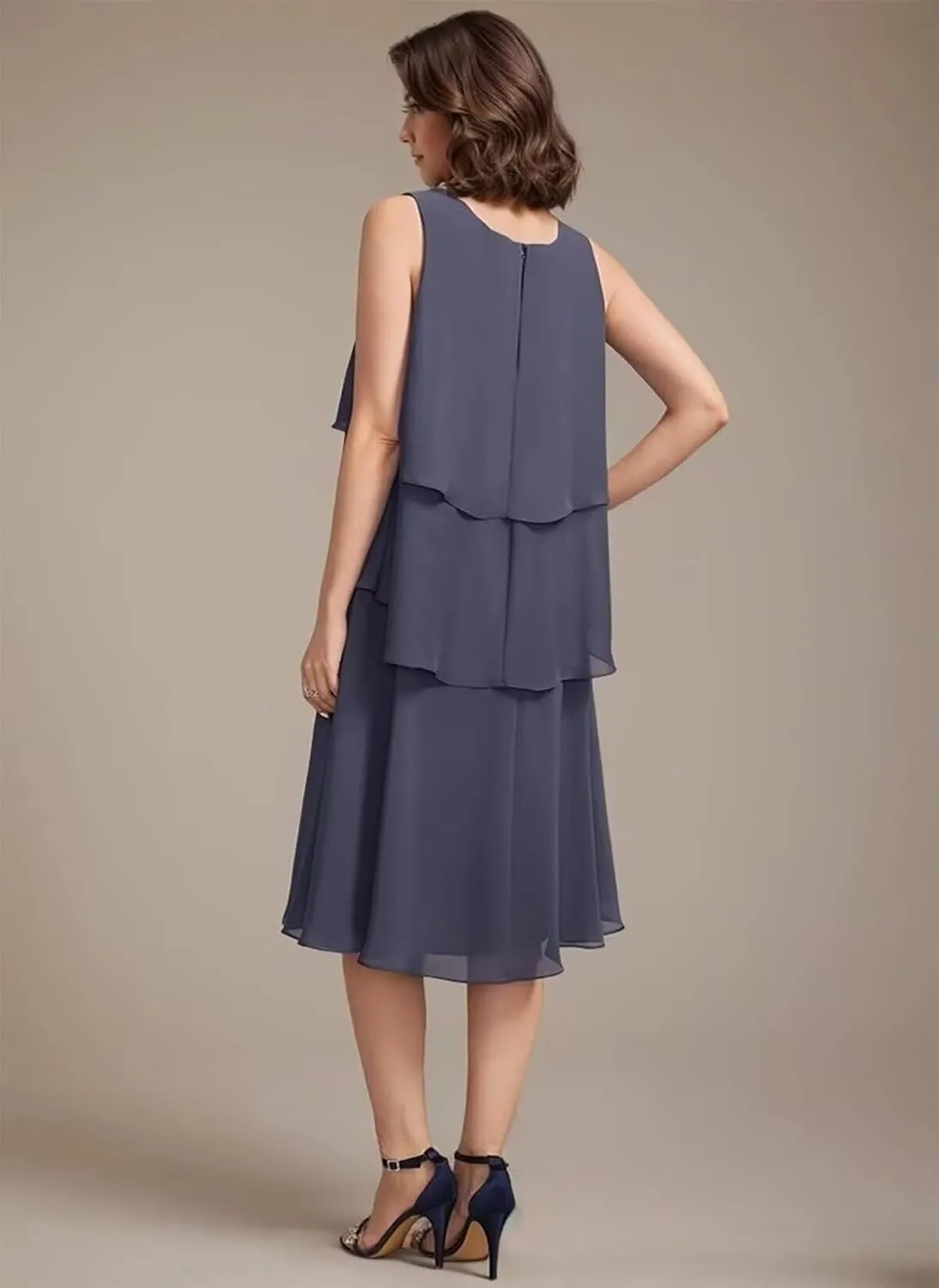 2 Pieces Mother of The Bride Dresses for Wedding Knee Length Tiered Beaded Chiffon Formal Evening Gowns with Jacket