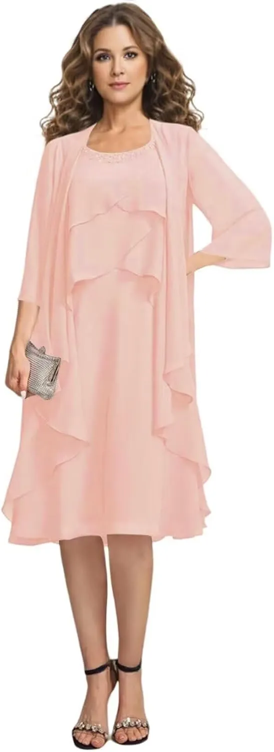 2 Pieces Mother of The Bride Dresses for Wedding Knee Length Tiered Beaded Chiffon Formal Evening Gowns with Jacket