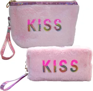 2 Pieces Travel Makeup Bag, 2024 New Large Capacity Cosmetic Bags, Portable Toiletry Bag, Plush Zipper Makeup Pouch, Cute Make up Organizer, Birthday Gift For Daughter & Teen Girls & Women, Pink
