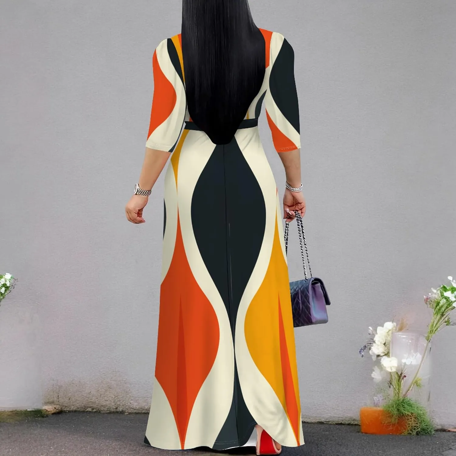 2024 Plus Size Fall Maxi Dress for Women Casual Sexy V-Neck 3/4 Sleeve Printed Flowy Boho Beach Sundress with Belt