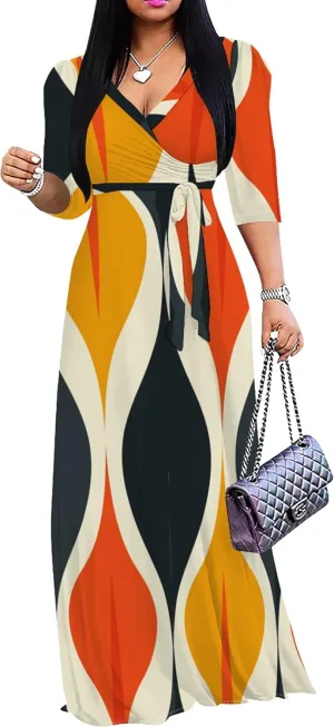 2024 Plus Size Fall Maxi Dress for Women Casual Sexy V-Neck 3/4 Sleeve Printed Flowy Boho Beach Sundress with Belt