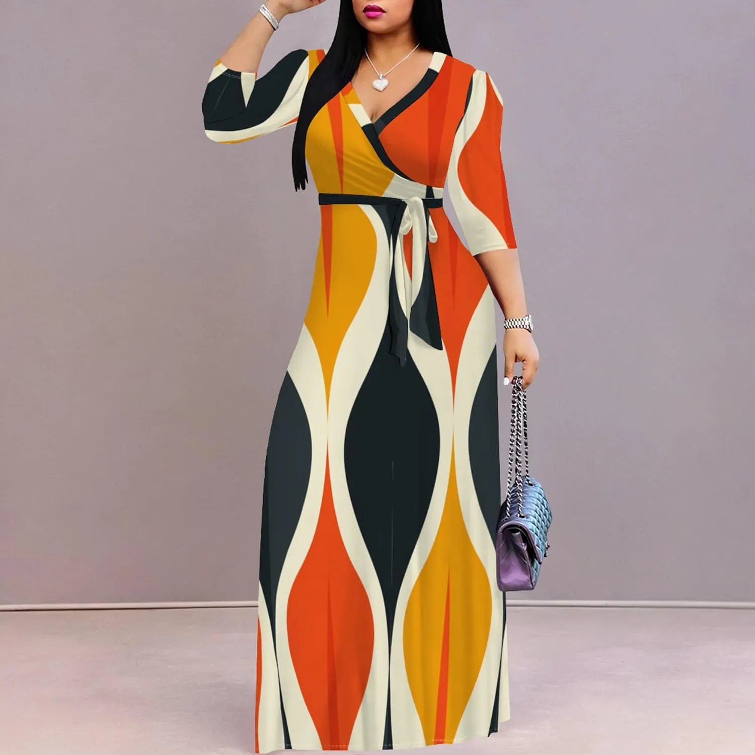 2024 Plus Size Fall Maxi Dress for Women Casual Sexy V-Neck 3/4 Sleeve Printed Flowy Boho Beach Sundress with Belt
