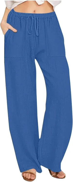 2025 Summer Beach Pants for Women Casual Drawstring Loose Fit Palazzo Pants Dressy Elastic Waist Trousers with Pocket
