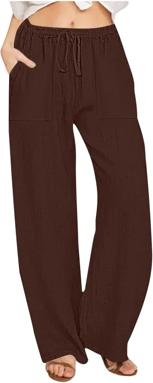 2025 Summer Beach Pants for Women Casual Drawstring Loose Fit Palazzo Pants Dressy Elastic Waist Trousers with Pocket