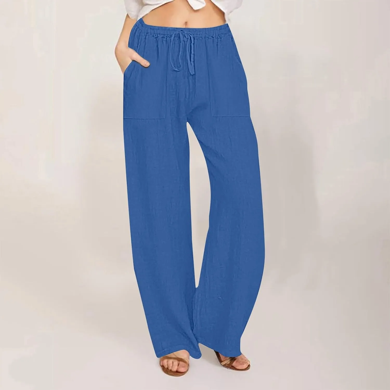 2025 Summer Beach Pants for Women Casual Drawstring Loose Fit Palazzo Pants Dressy Elastic Waist Trousers with Pocket
