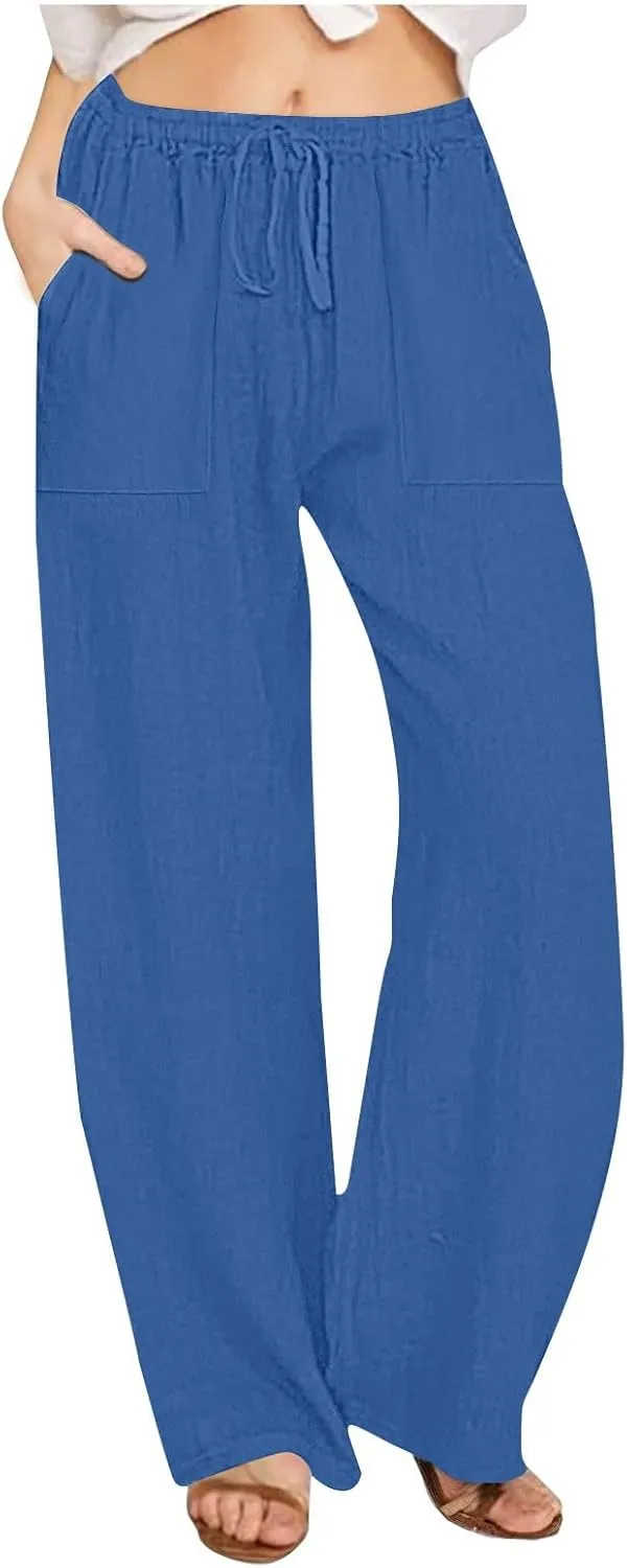 2025 Summer Beach Pants for Women Casual Drawstring Loose Fit Palazzo Pants Dressy Elastic Waist Trousers with Pocket