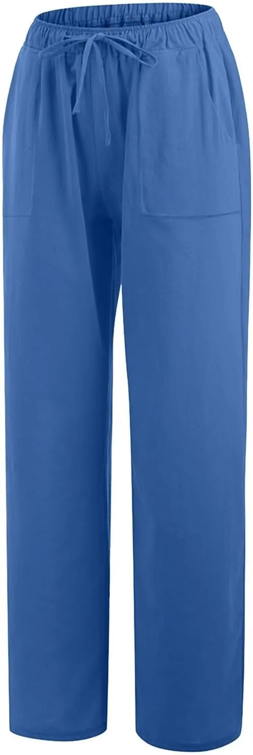 2025 Summer Beach Pants for Women Casual Drawstring Loose Fit Palazzo Pants Dressy Elastic Waist Trousers with Pocket