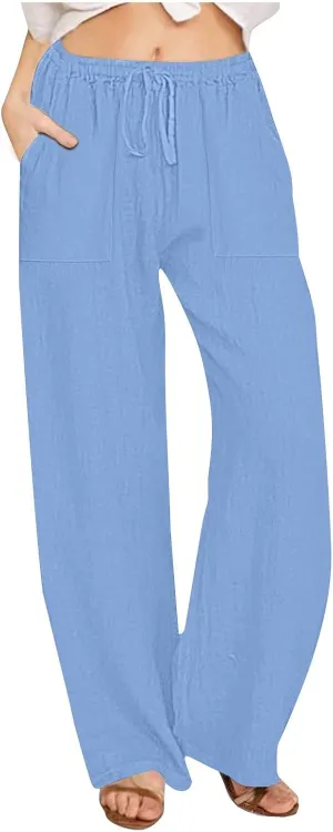 2025 Summer Beach Pants for Women Casual Drawstring Loose Fit Palazzo Pants Dressy Elastic Waist Trousers with Pocket