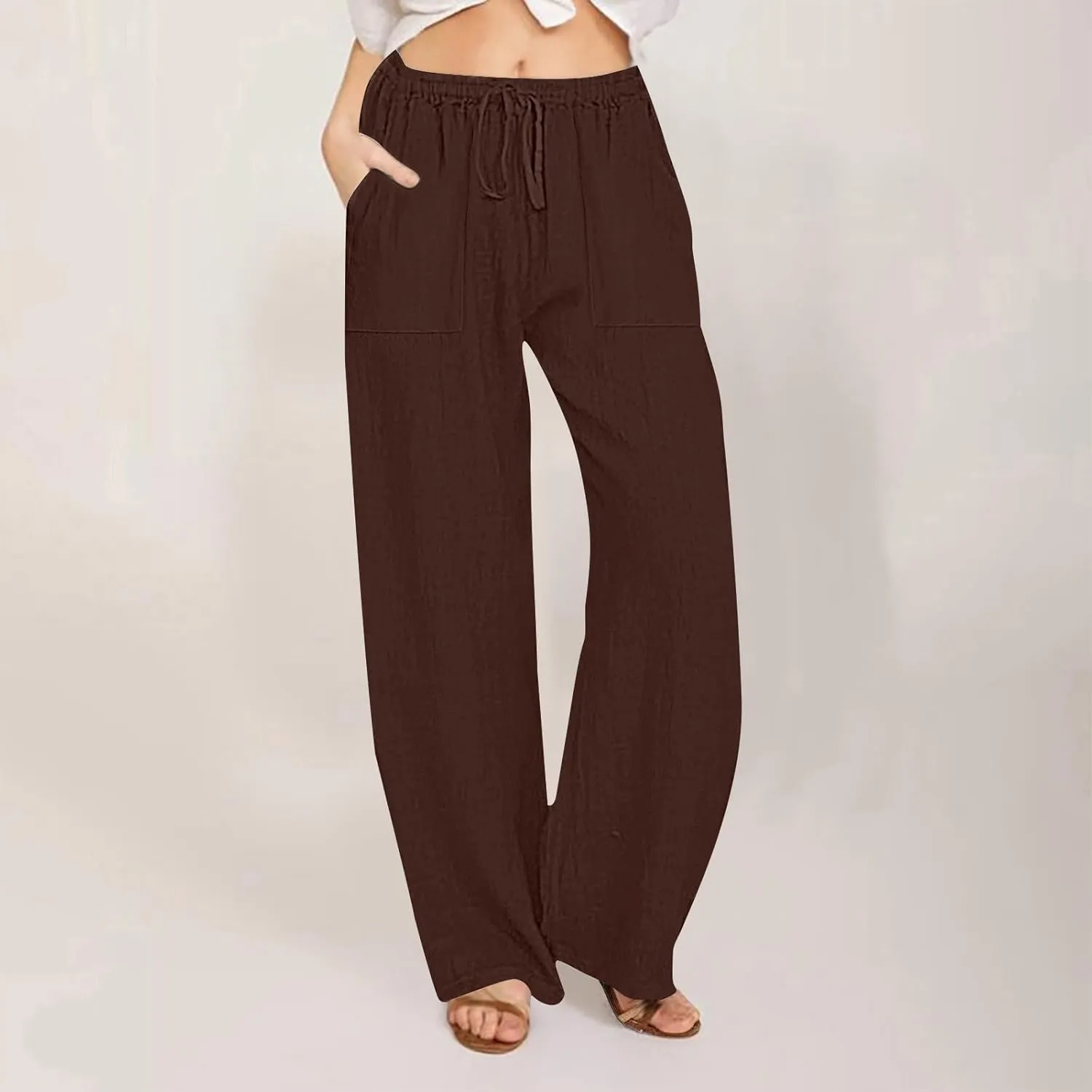2025 Summer Beach Pants for Women Casual Drawstring Loose Fit Palazzo Pants Dressy Elastic Waist Trousers with Pocket