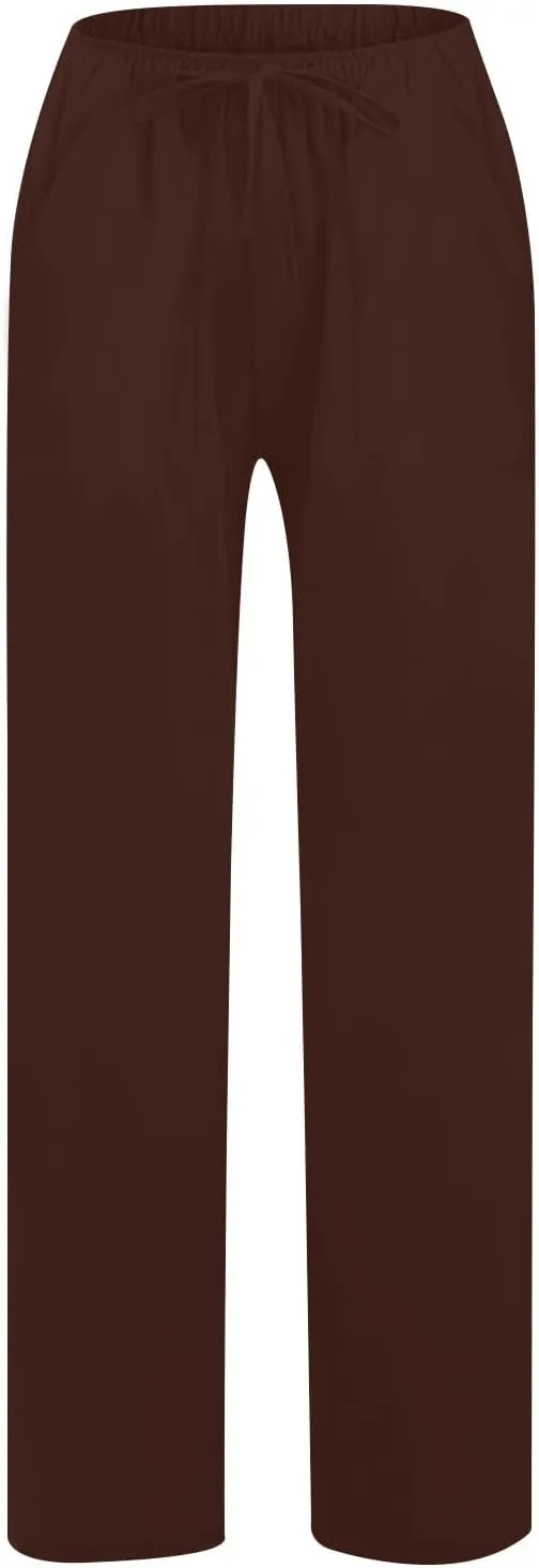 2025 Summer Beach Pants for Women Casual Drawstring Loose Fit Palazzo Pants Dressy Elastic Waist Trousers with Pocket
