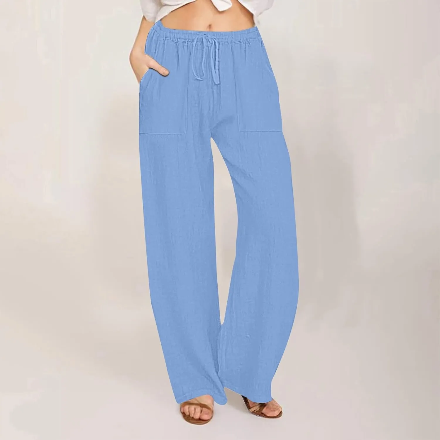 2025 Summer Beach Pants for Women Casual Drawstring Loose Fit Palazzo Pants Dressy Elastic Waist Trousers with Pocket