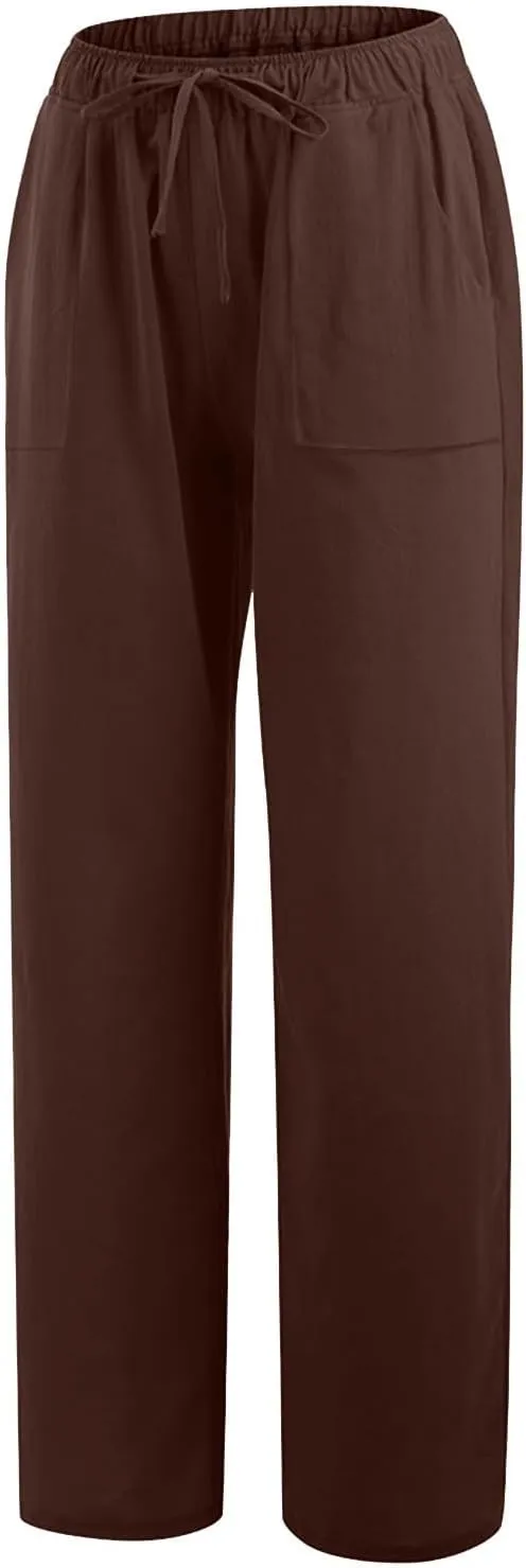2025 Summer Beach Pants for Women Casual Drawstring Loose Fit Palazzo Pants Dressy Elastic Waist Trousers with Pocket