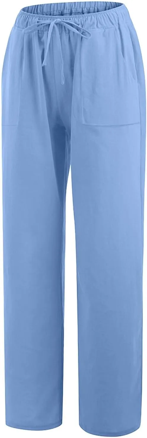 2025 Summer Beach Pants for Women Casual Drawstring Loose Fit Palazzo Pants Dressy Elastic Waist Trousers with Pocket
