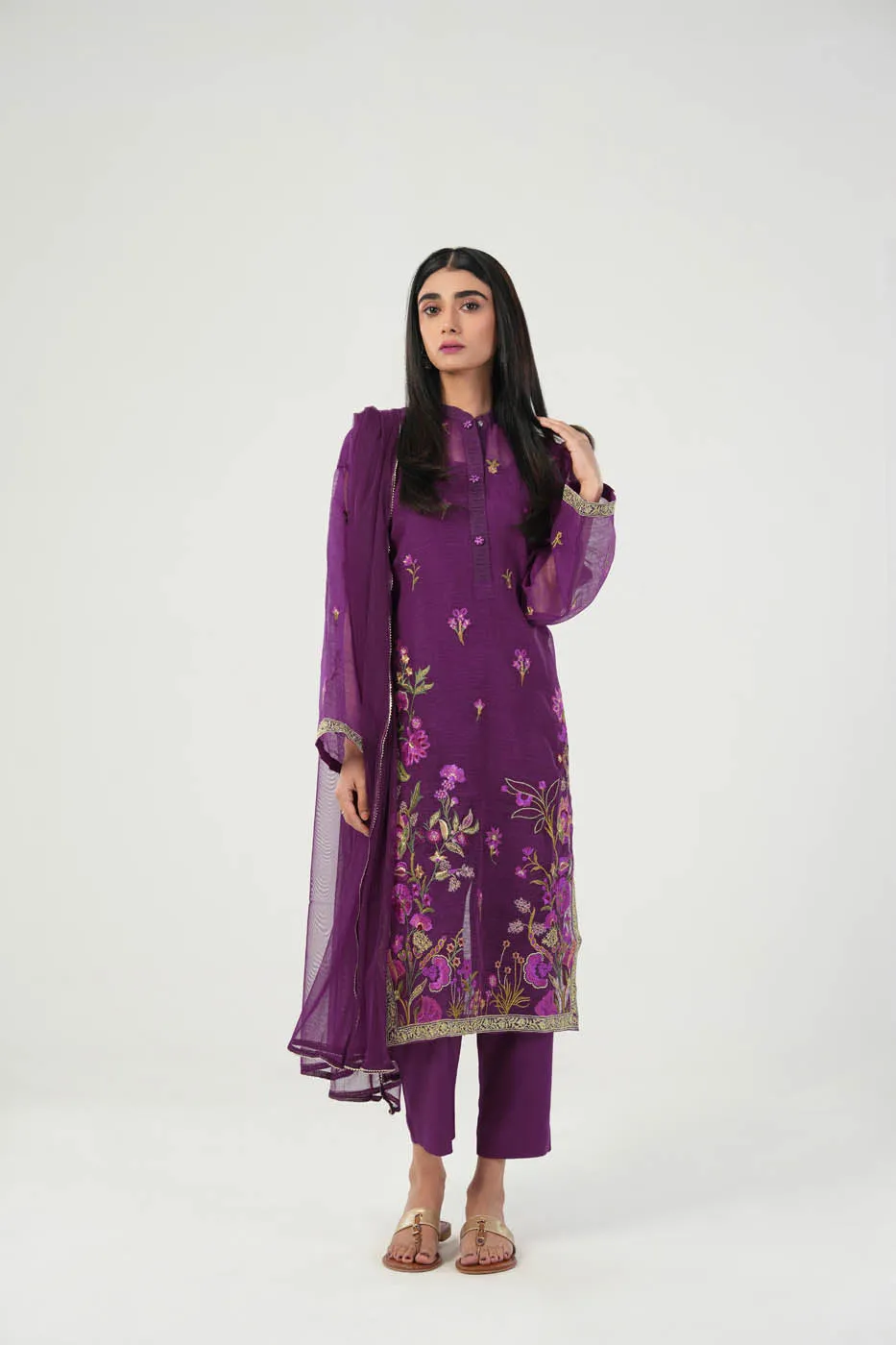3 Pc Embroidered Poly Slub Outfit