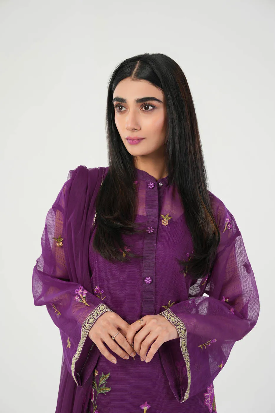 3 Pc Embroidered Poly Slub Outfit