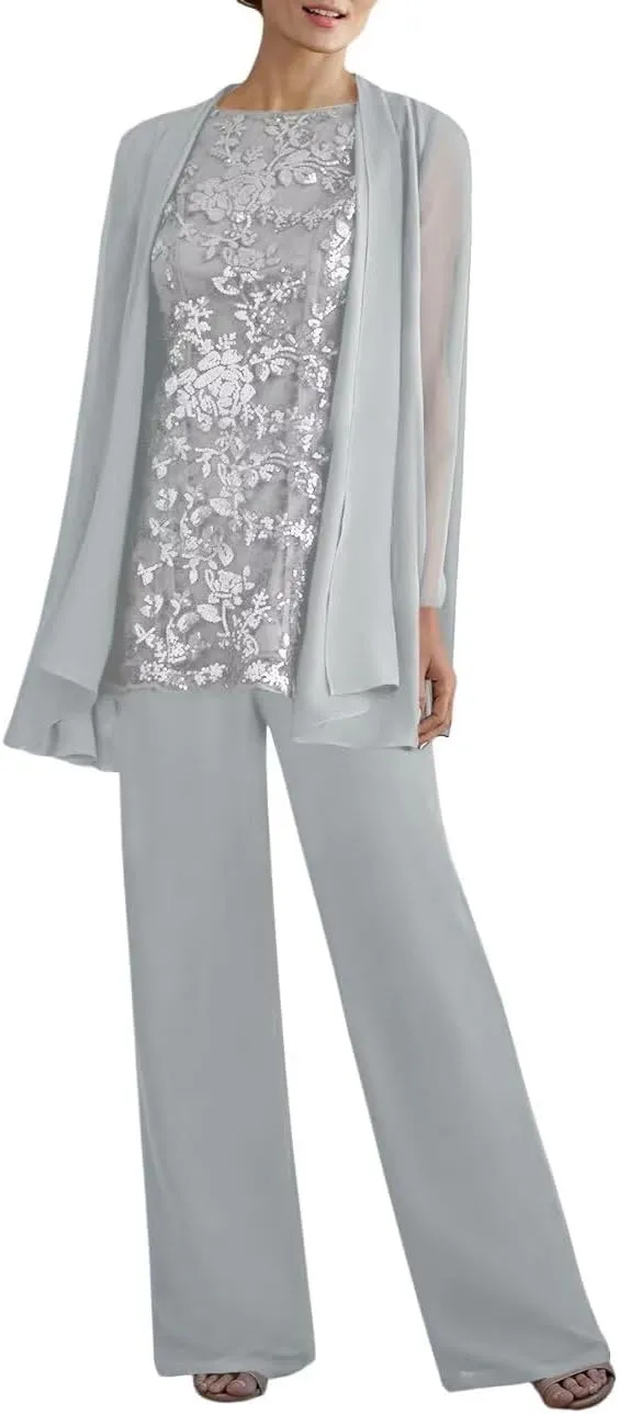 3 Pieces Dressy Pant Suits for Women Long Sleeve Lace Chiffon Outfits Formal Evening Gowns for Wedding with Jackets