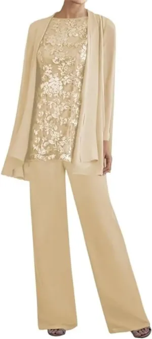 3 Pieces Dressy Pant Suits for Women Long Sleeve Lace Chiffon Outfits Formal Evening Gowns for Wedding with Jackets