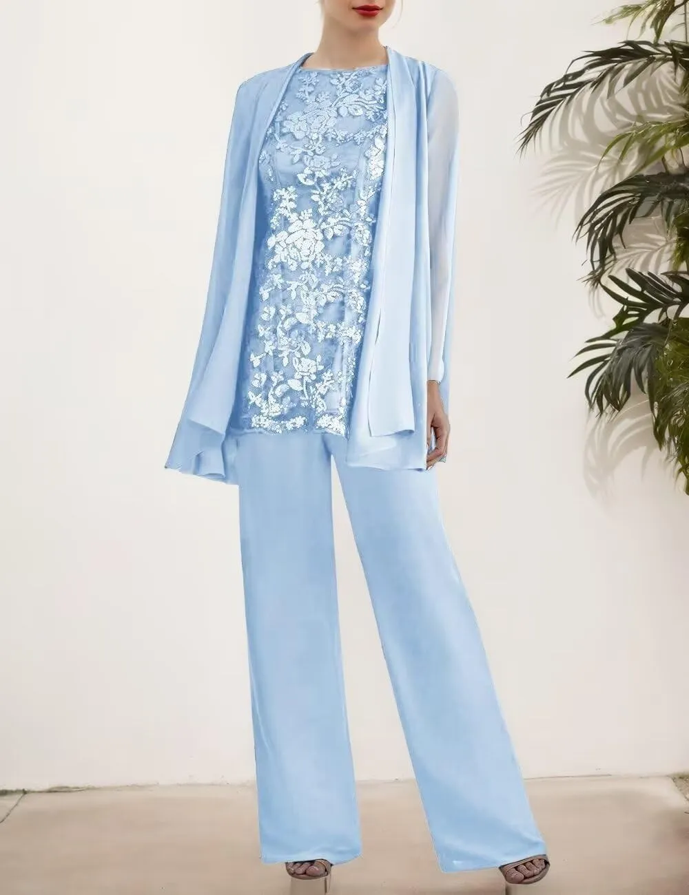 3 Pieces Dressy Pant Suits for Women Long Sleeve Lace Chiffon Outfits Formal Evening Gowns for Wedding with Jackets