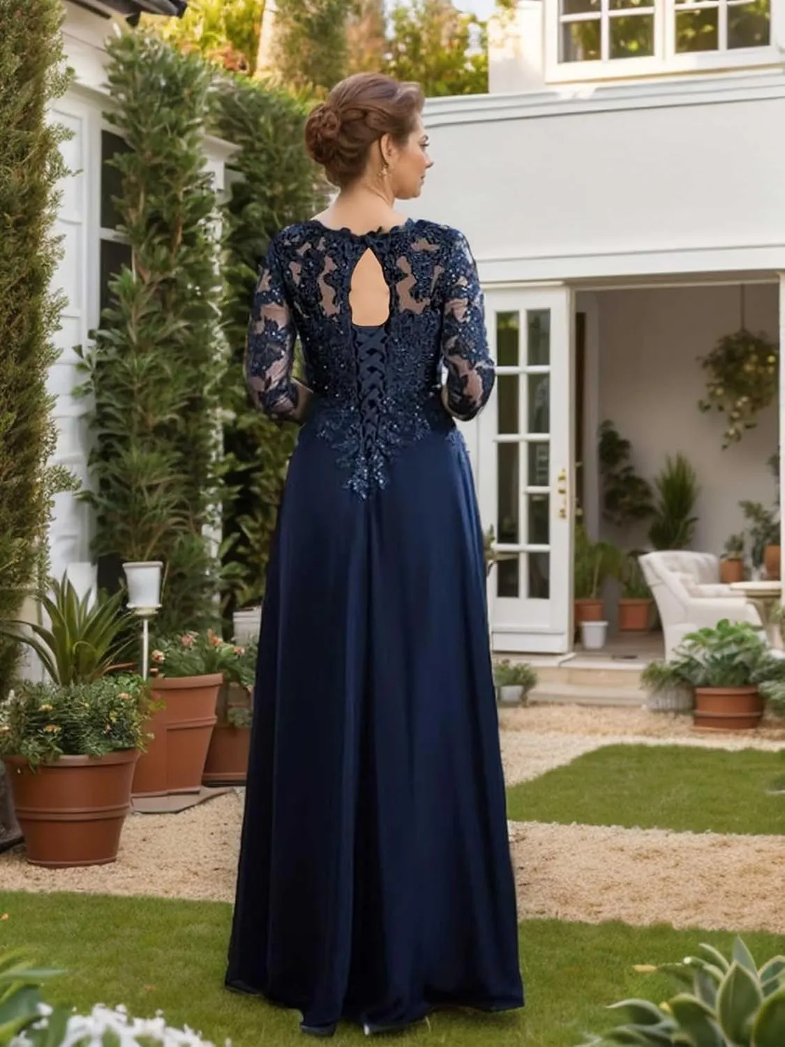 3/4 Sleeve Mother of The Bride Dresses for Wedding - Plus Size Lace Chiffon V-Neck Long Mother of The Groom Dresses
