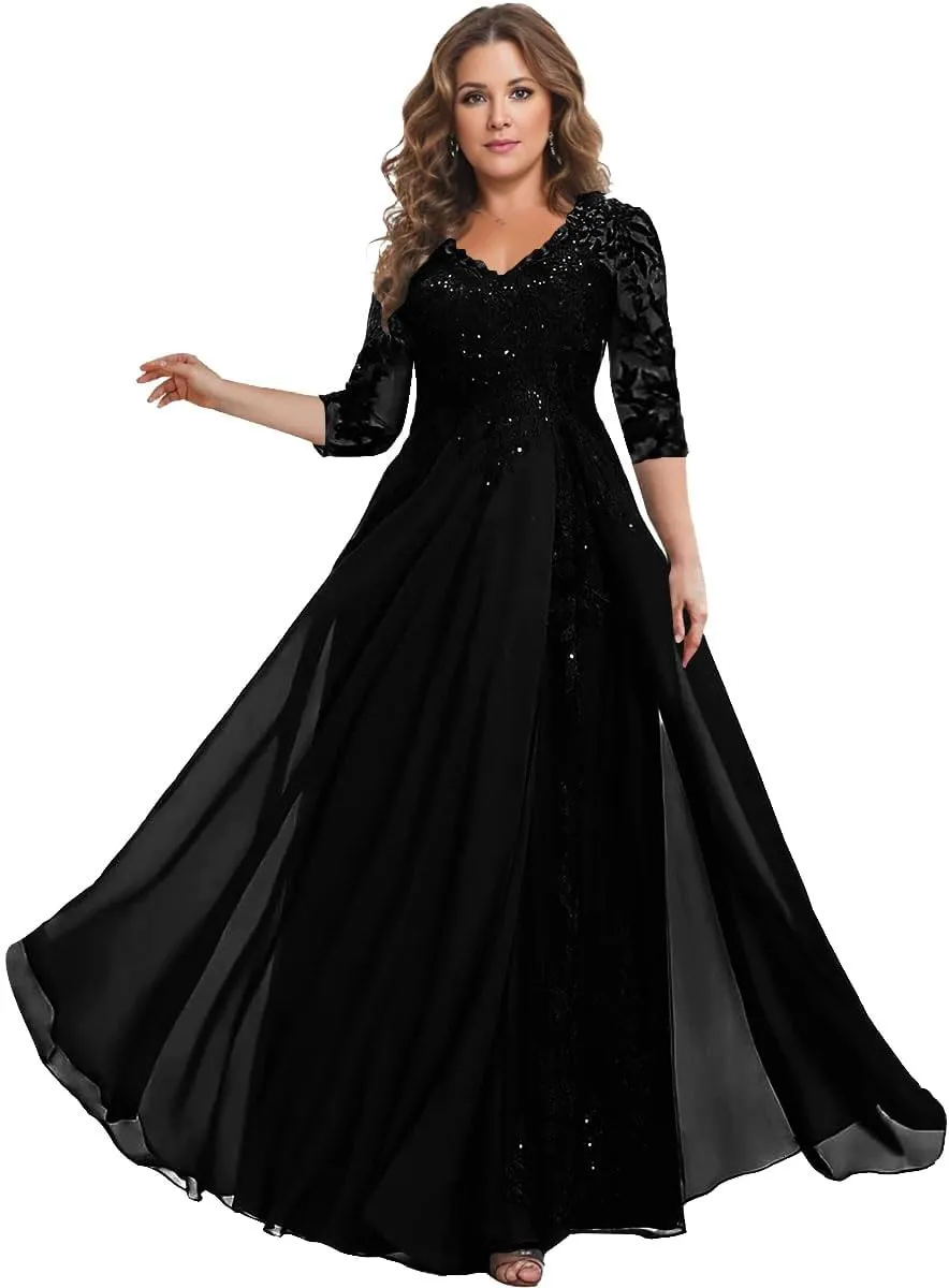 3/4 Sleeve Mother of The Bride Dresses for Wedding - Plus Size Lace Chiffon V-Neck Long Mother of The Groom Dresses