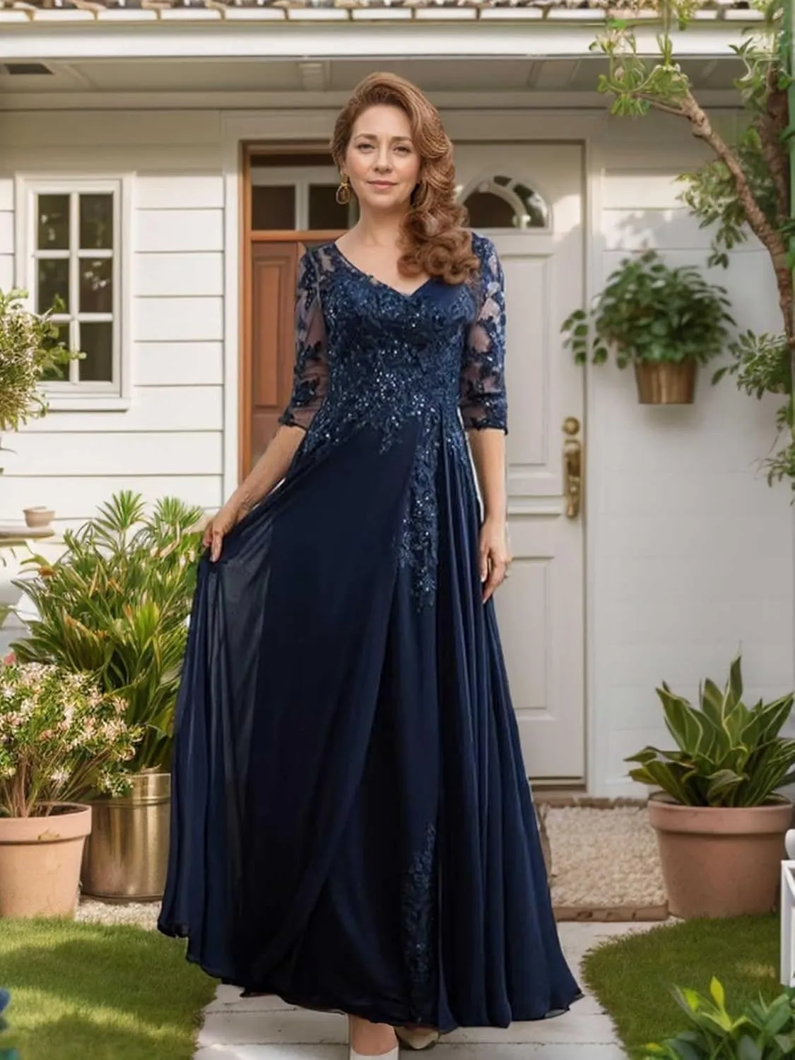 3/4 Sleeve Mother of The Bride Dresses for Wedding - Plus Size Lace Chiffon V-Neck Long Mother of The Groom Dresses