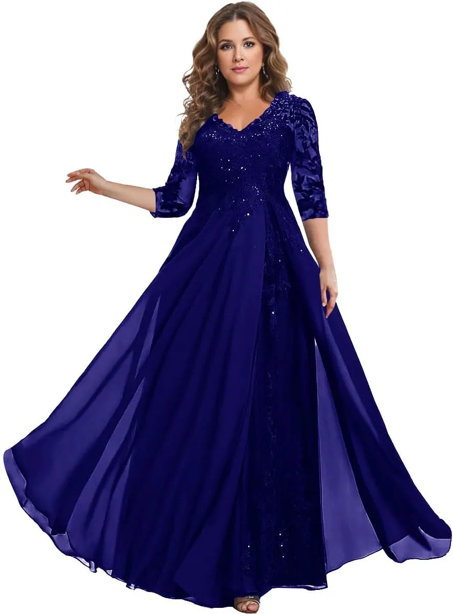 3/4 Sleeve Mother of The Bride Dresses for Wedding - Plus Size Lace Chiffon V-Neck Long Mother of The Groom Dresses