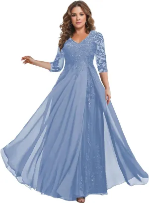 3/4 Sleeve Mother of The Bride Dresses for Wedding - Plus Size Lace Chiffon V-Neck Long Mother of The Groom Dresses