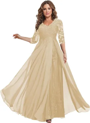 3/4 Sleeve Mother of The Bride Dresses for Wedding - Plus Size Lace Chiffon V-Neck Long Mother of The Groom Dresses