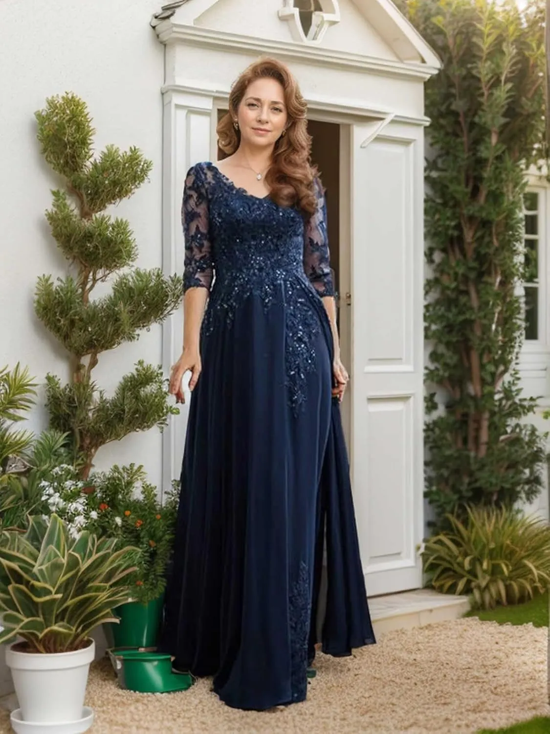 3/4 Sleeve Mother of The Bride Dresses for Wedding - Plus Size Lace Chiffon V-Neck Long Mother of The Groom Dresses