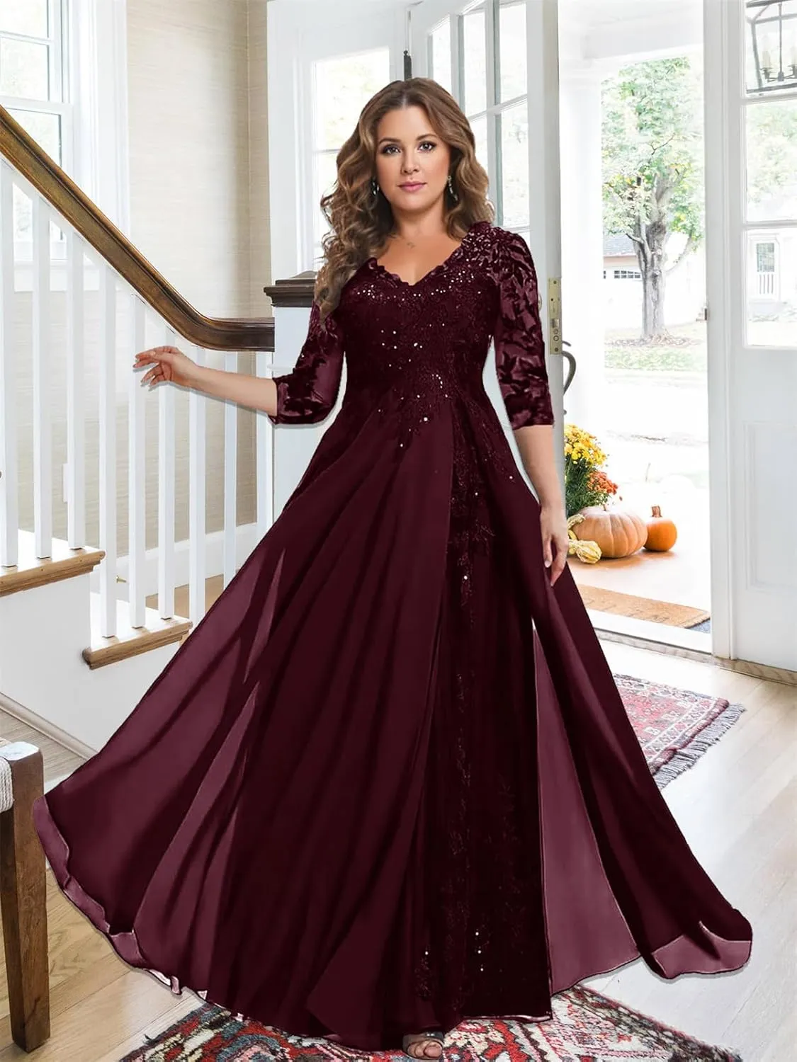 3/4 Sleeve Mother of The Bride Dresses for Wedding - Plus Size Lace Chiffon V-Neck Long Mother of The Groom Dresses