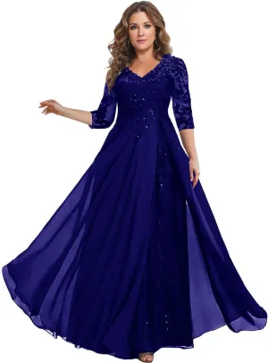 3/4 Sleeve Mother of The Bride Dresses for Wedding - Plus Size Lace Chiffon V-Neck Long Mother of The Groom Dresses