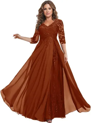 3/4 Sleeve Mother of The Bride Dresses for Wedding - Plus Size Lace Chiffon V-Neck Long Mother of The Groom Dresses