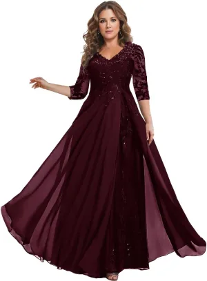 3/4 Sleeve Mother of The Bride Dresses for Wedding - Plus Size Lace Chiffon V-Neck Long Mother of The Groom Dresses