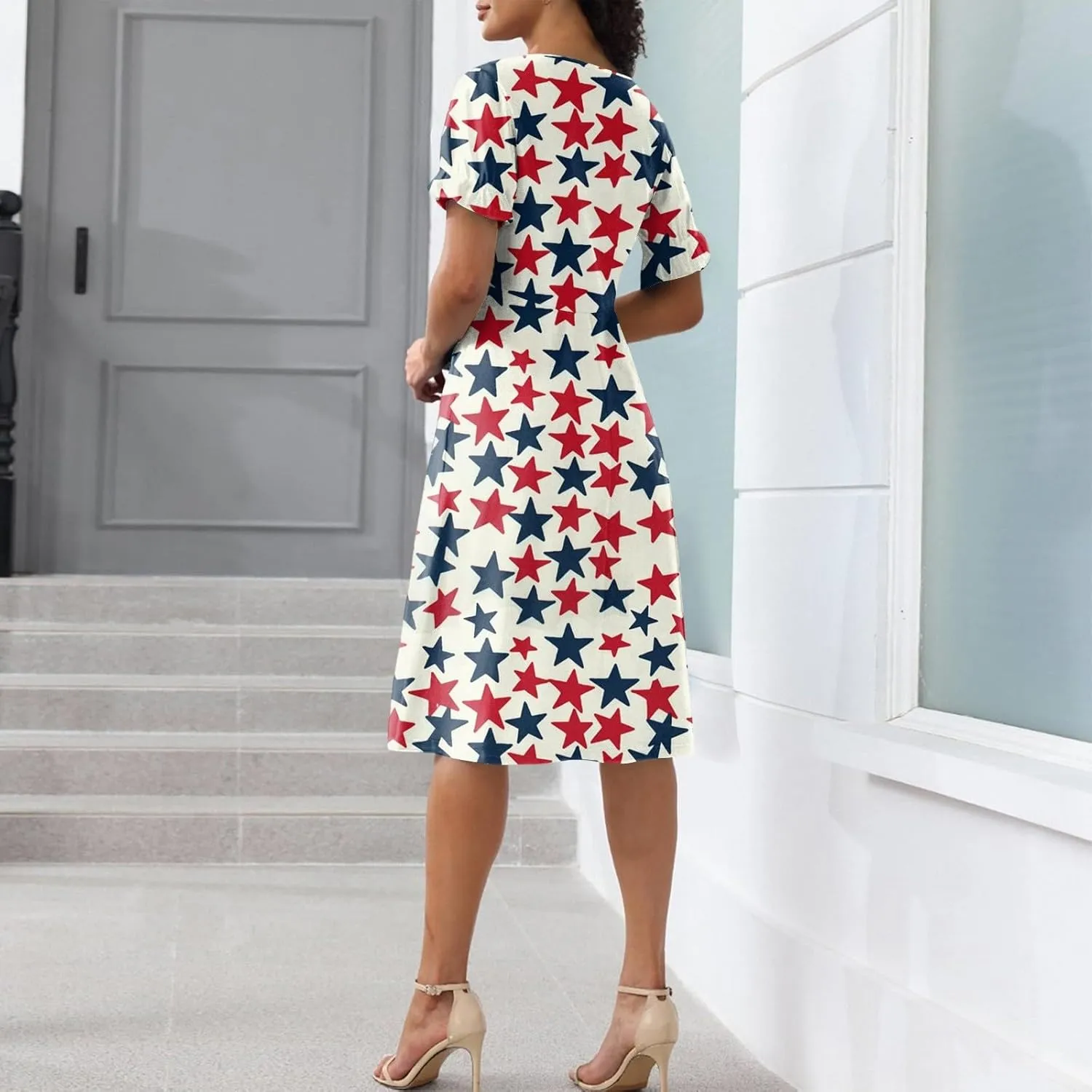 4Th July Dress Women Midi Red White and Blue Dresses Short Sleeve USA Flag Dress Holiday Festival Dresses