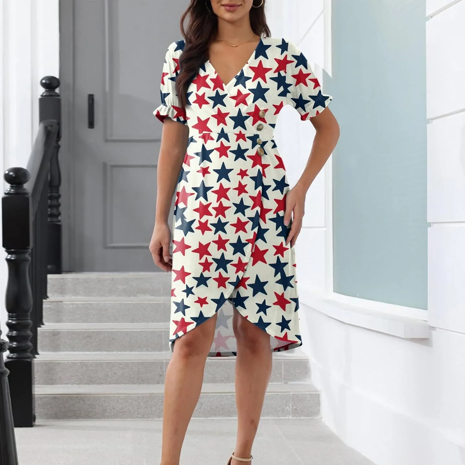 4Th July Dress Women Midi Red White and Blue Dresses Short Sleeve USA Flag Dress Holiday Festival Dresses