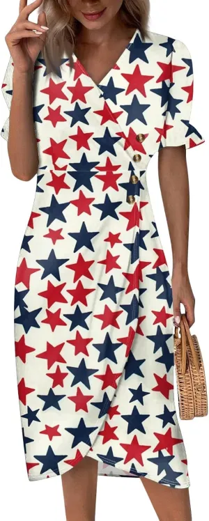 4Th July Dress Women Midi Red White and Blue Dresses Short Sleeve USA Flag Dress Holiday Festival Dresses