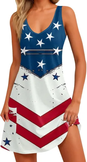 4th of July Dress Women Summer Dresses 2025 Casual Sleeveless V Neck Red White Blue Tank Loose Sundress Pocket