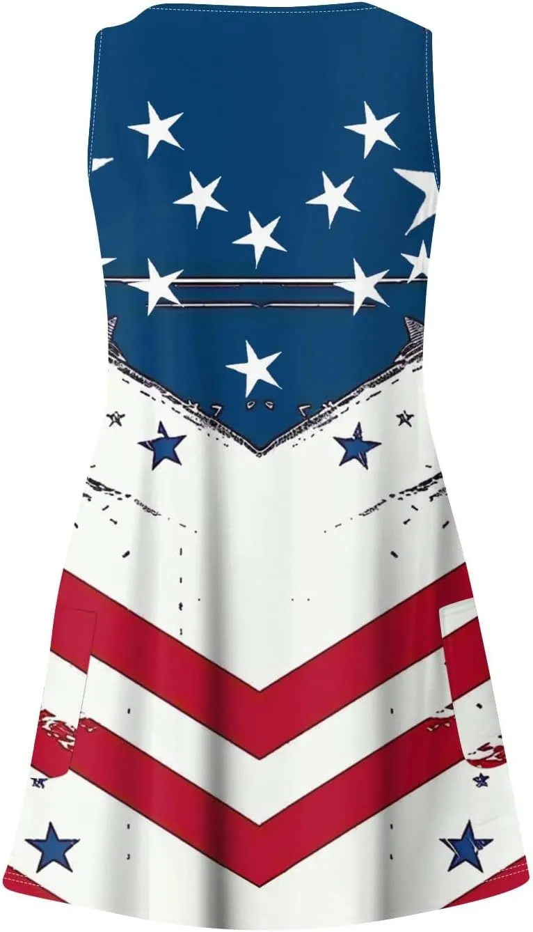 4th of July Dress Women Summer Dresses 2025 Casual Sleeveless V Neck Red White Blue Tank Loose Sundress Pocket