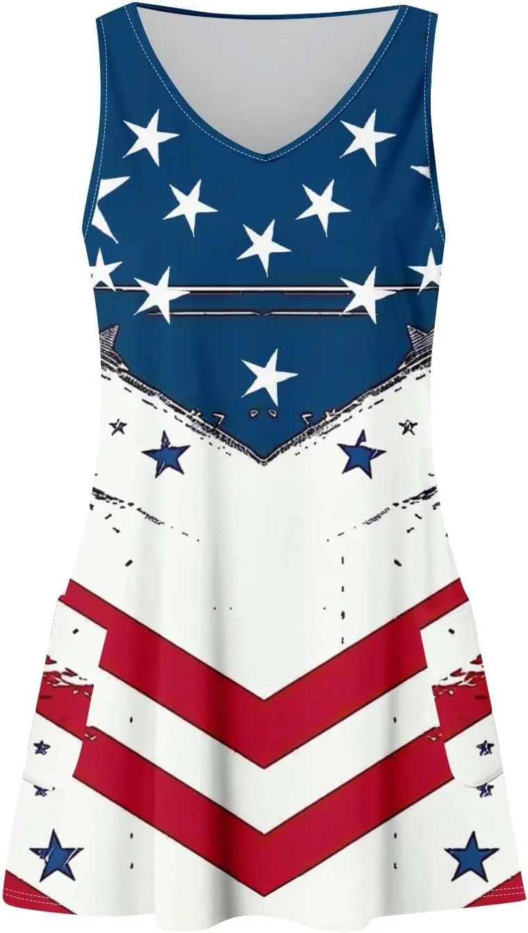 4th of July Dress Women Summer Dresses 2025 Casual Sleeveless V Neck Red White Blue Tank Loose Sundress Pocket