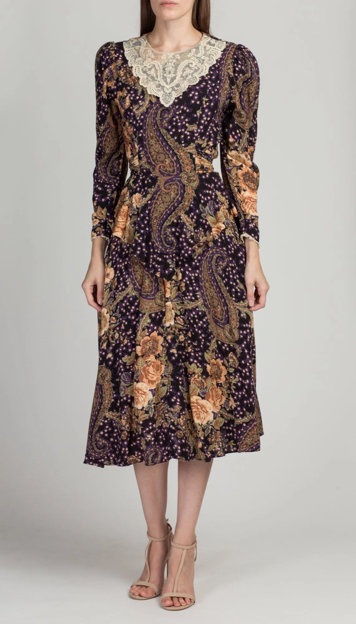 80s Lace Collar Floral Midi Dress - Small