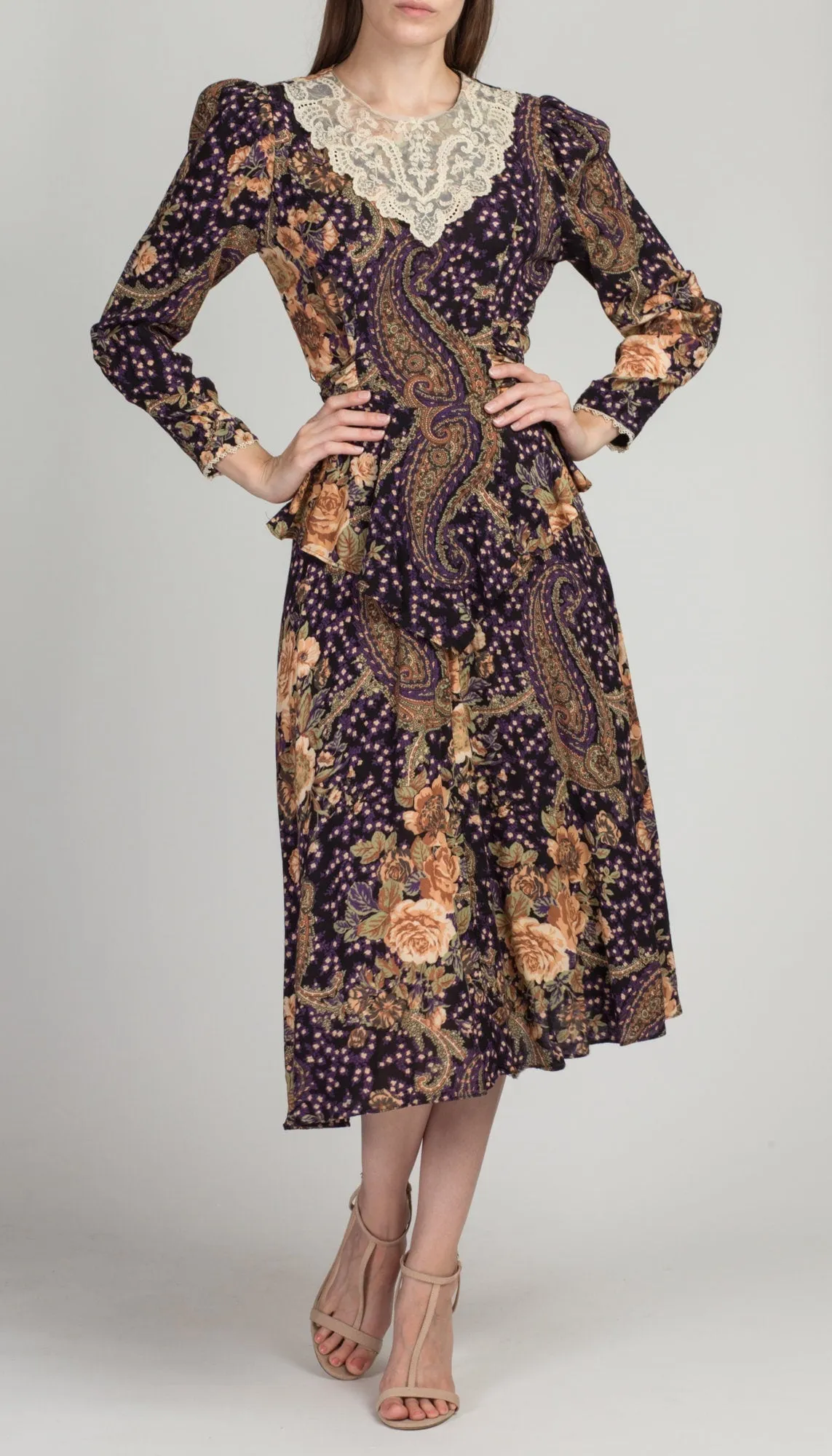 80s Lace Collar Floral Midi Dress - Small